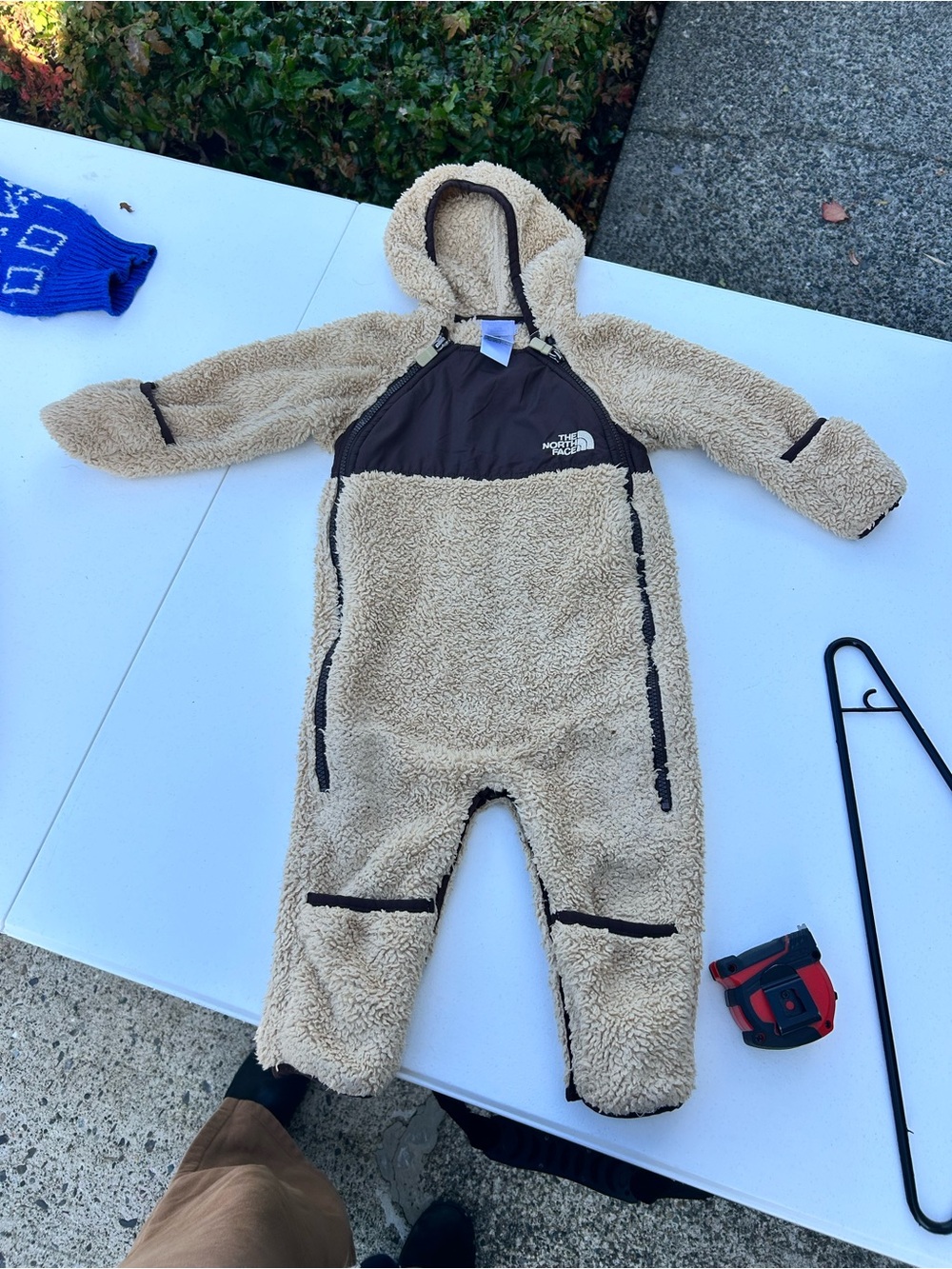 The North Face Beige Sherpa Hooded Kids One-Piece with Brown Chest